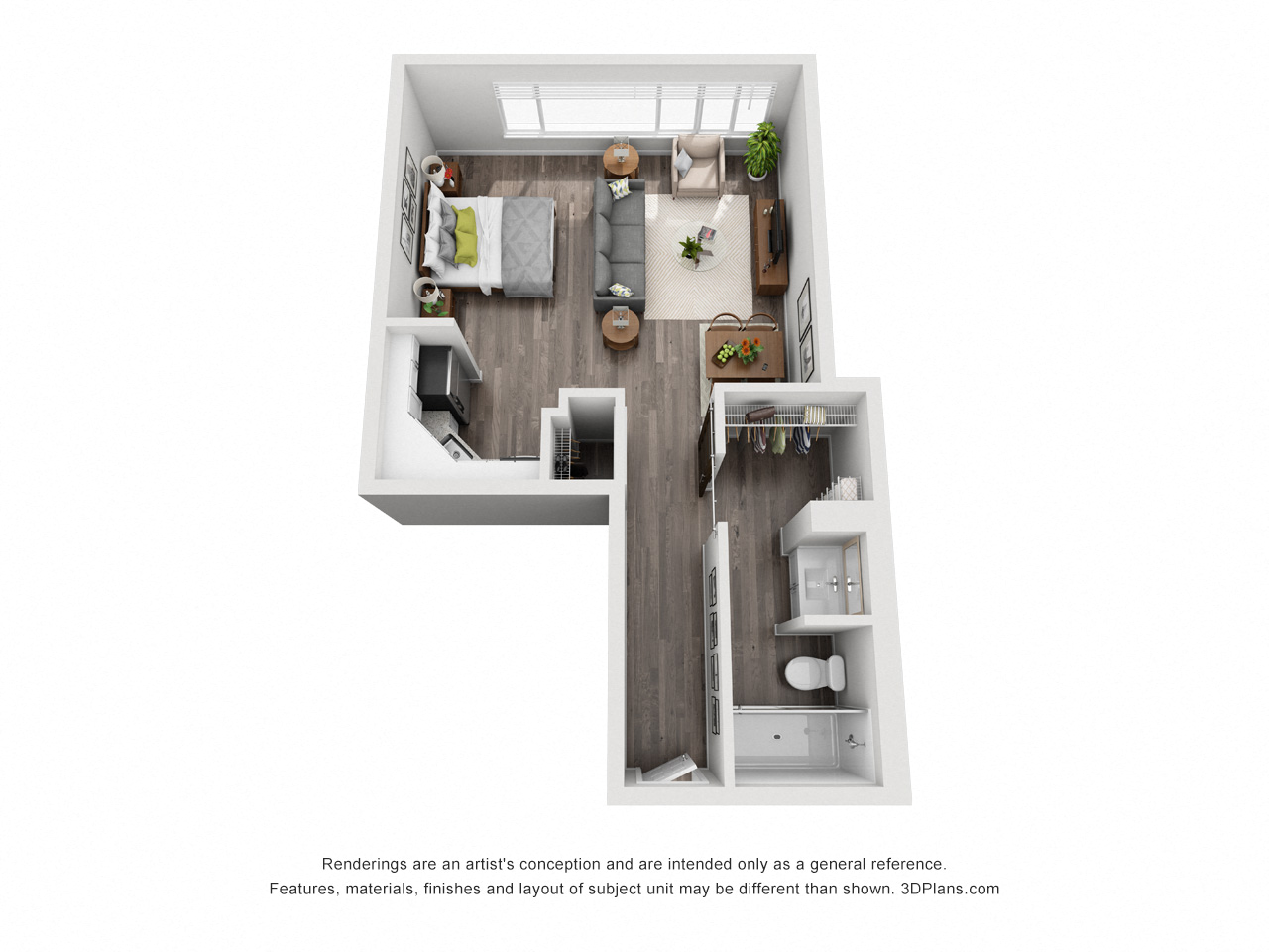 Floor plan for studio, 1 bath, 388 sqft